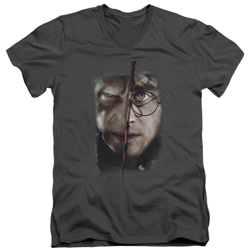Harry Potter It All Ends Here Mens Slim Fit V-Neck T Shirt Charcoal