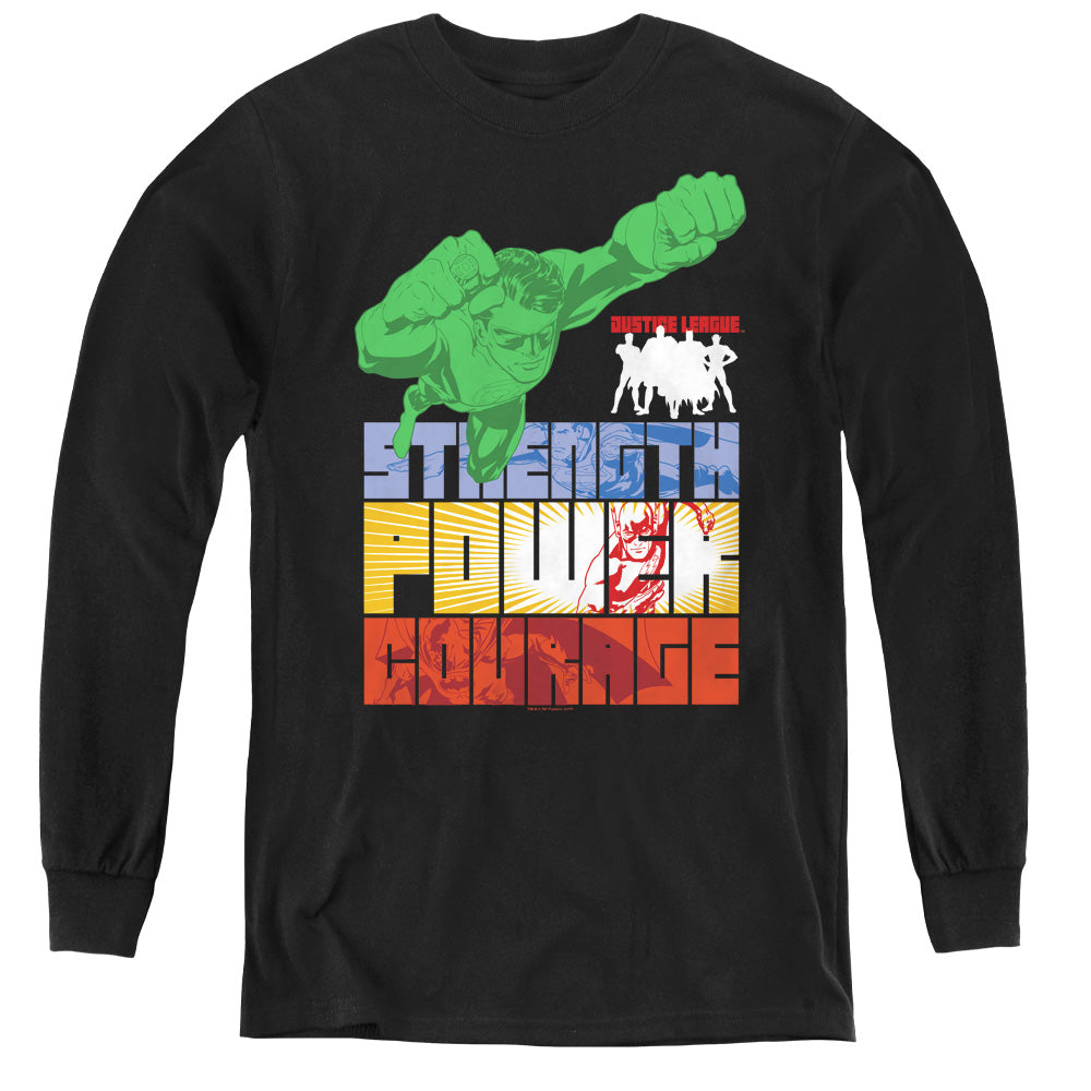 Justice League Heroic Qualities Long Sleeve Kids Youth T Shirt Black