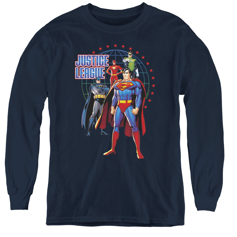 Justice League Protectors Long Sleeve Kids Youth T Shirt Navy Blue