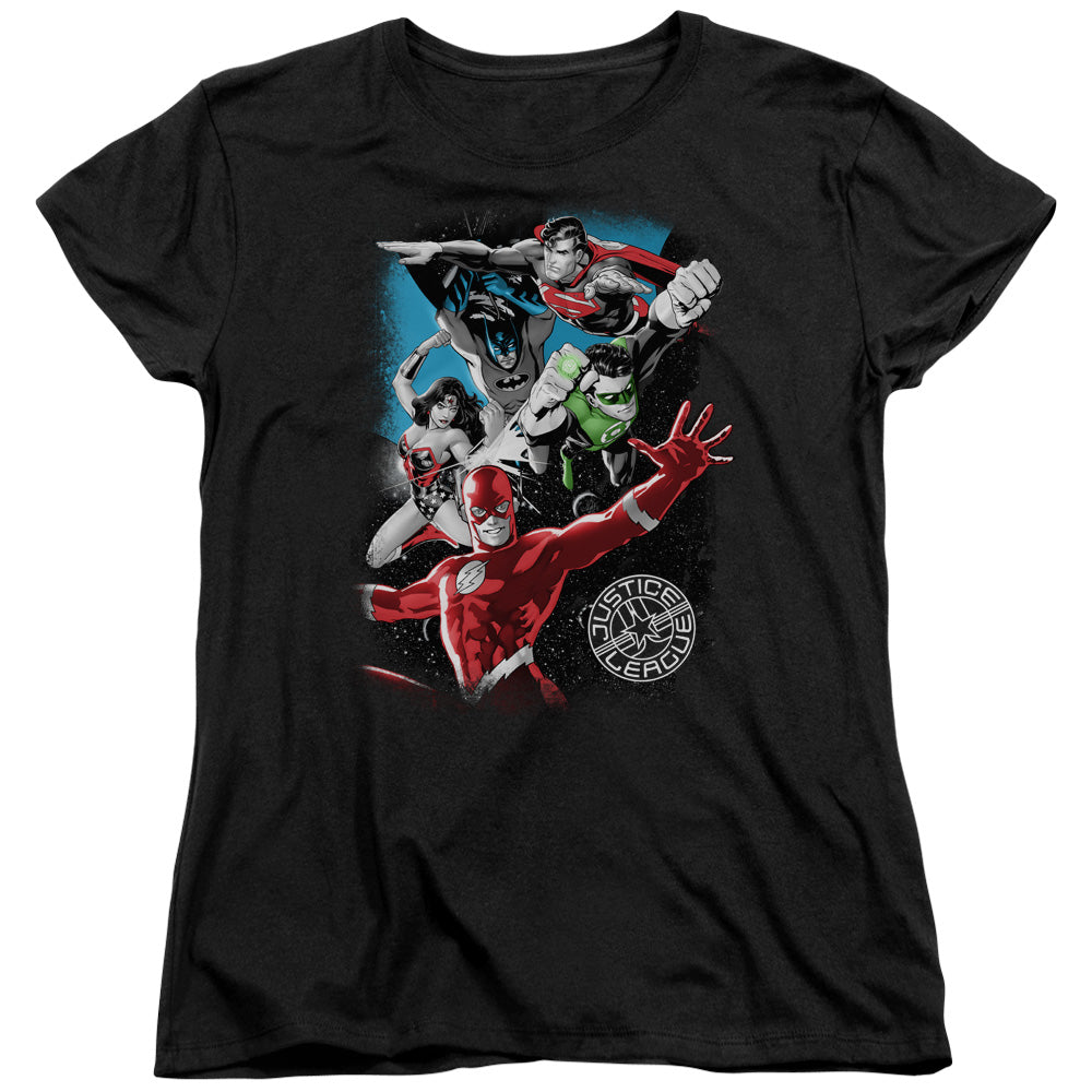 Justice League Galactic Attack Womens T Shirt Black