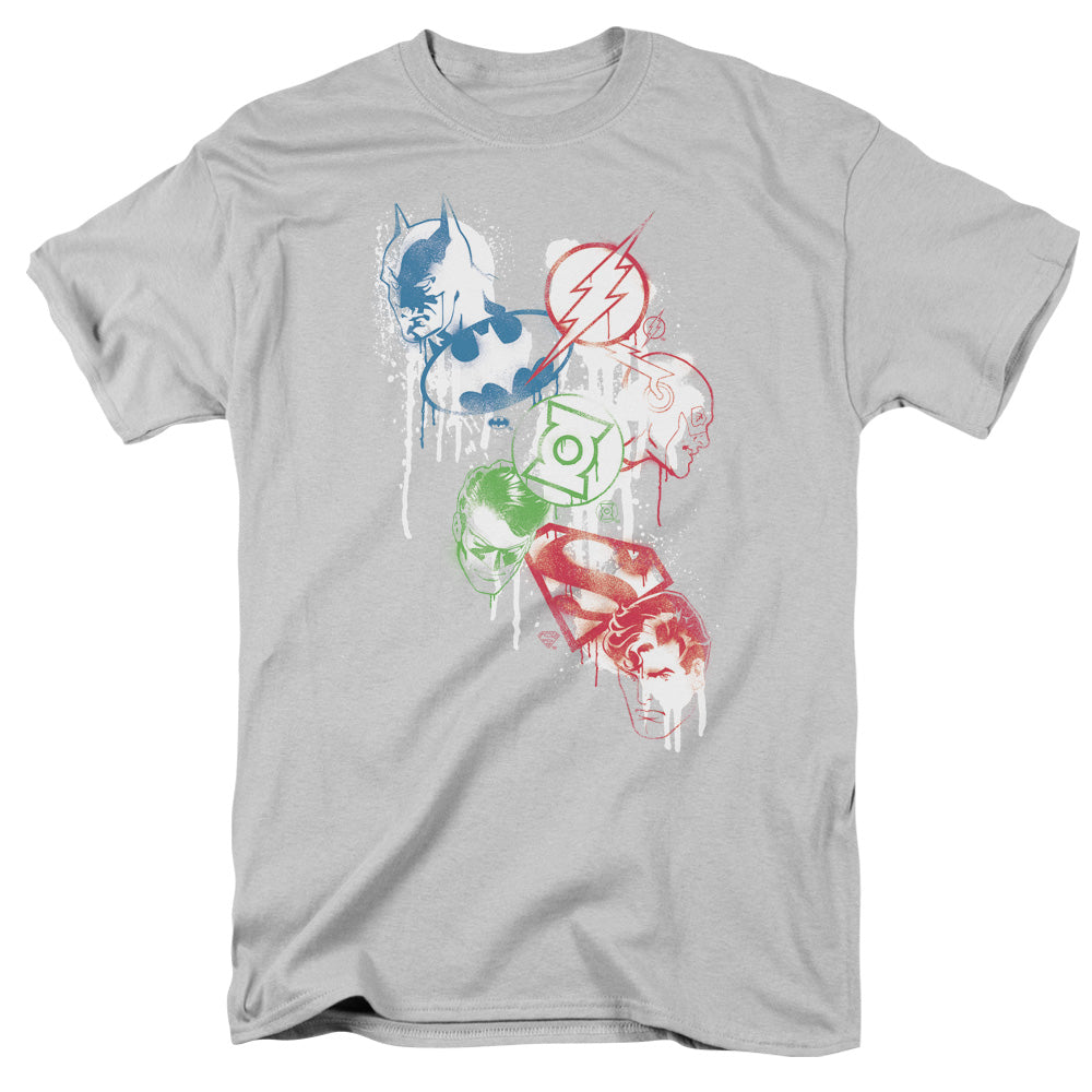Justice League Splatter Icons Mens T Shirt Silver