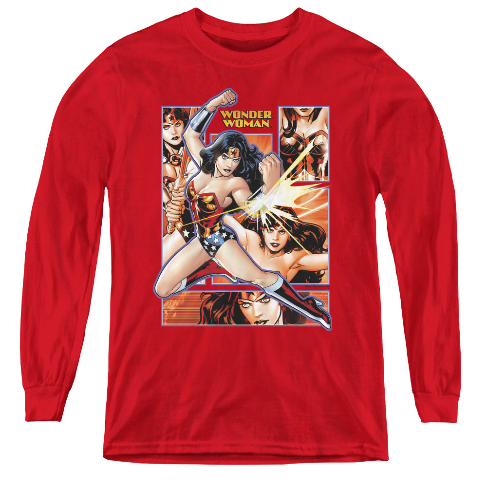 Justice League Wonder Woman Panels Long Sleeve Kids Youth T Shirt Red