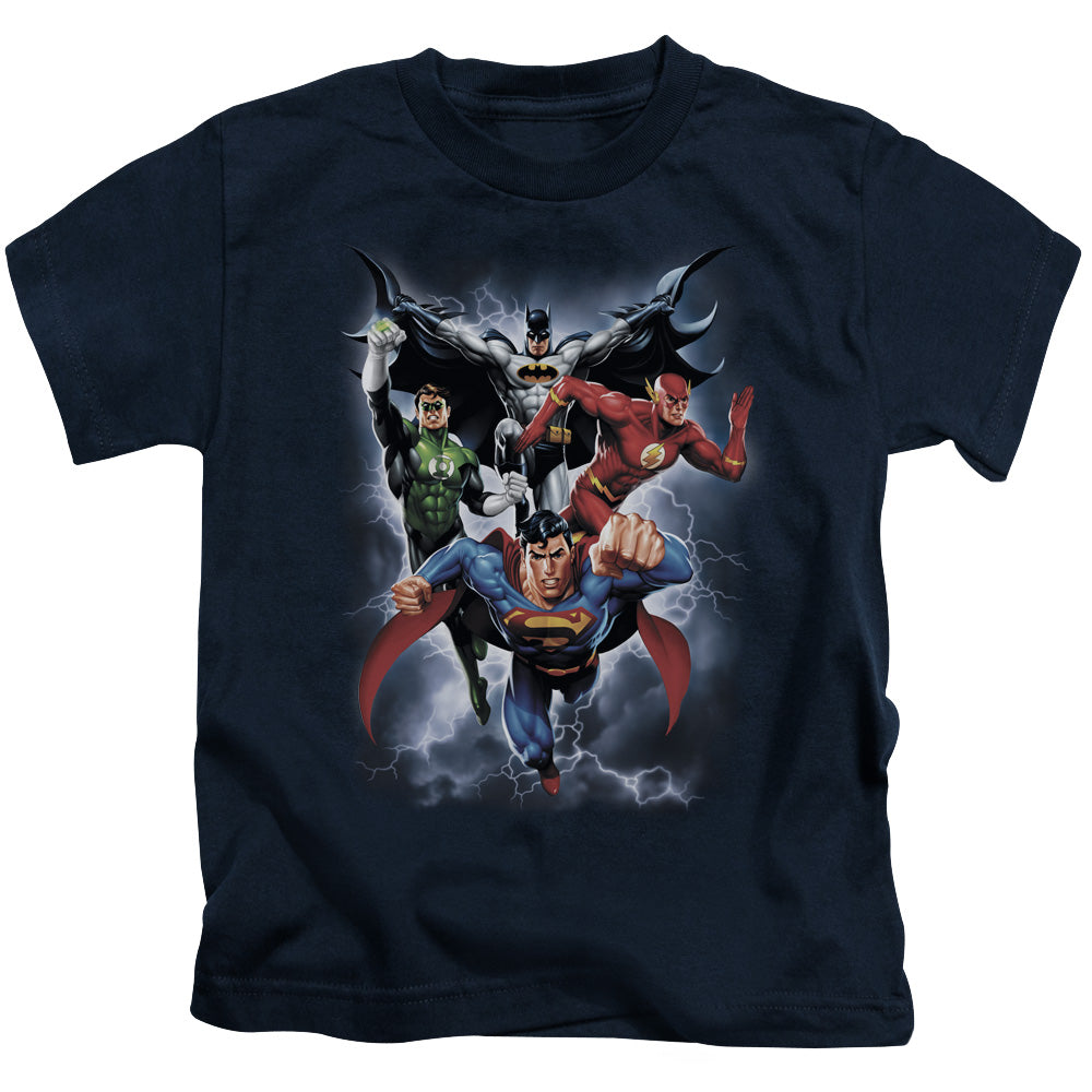 Justice League the Coming Storm Juvenile Kids Youth T Shirt Navy Blue