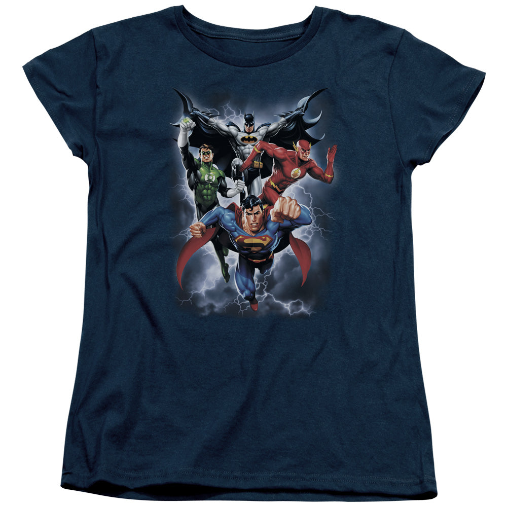 Justice League the Coming Storm Womens T Shirt Navy Blue