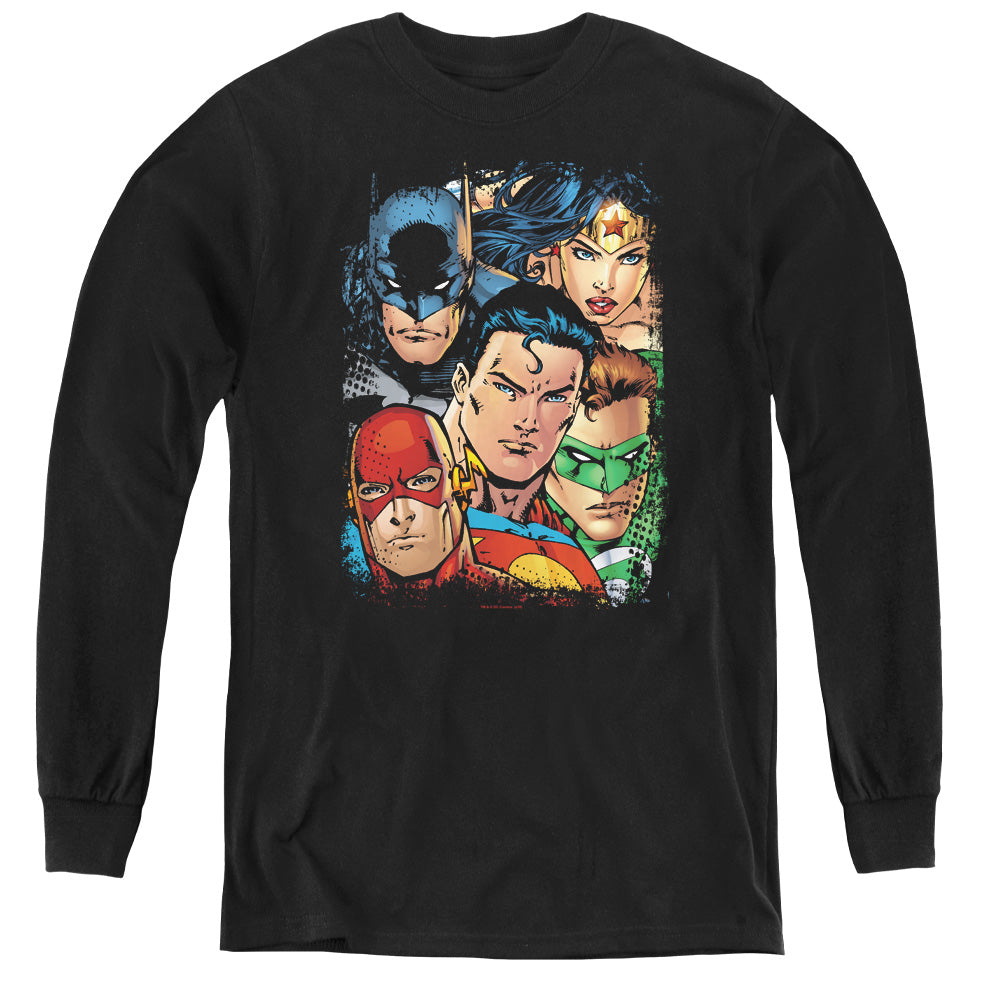Justice League Up Close and Personal Long Sleeve Kids Youth T Shirt Black