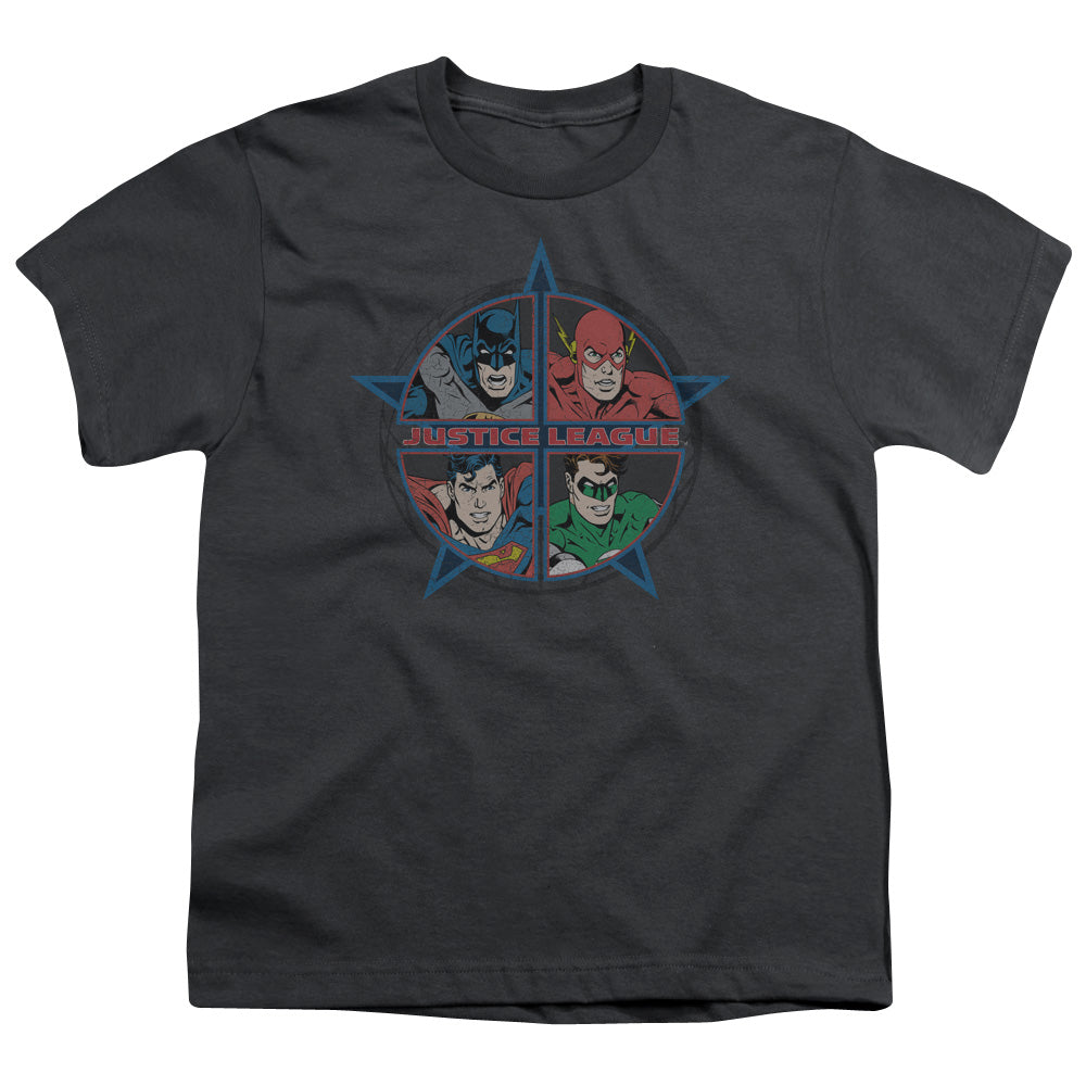 Justice League Four Heroes Kids Youth T Shirt Charcoal