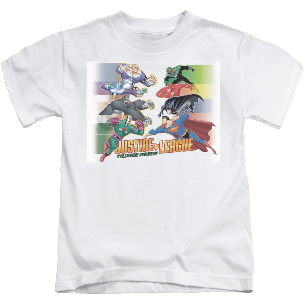 Justice League Evildoers Beware Juvenile Kids Youth T Shirt White