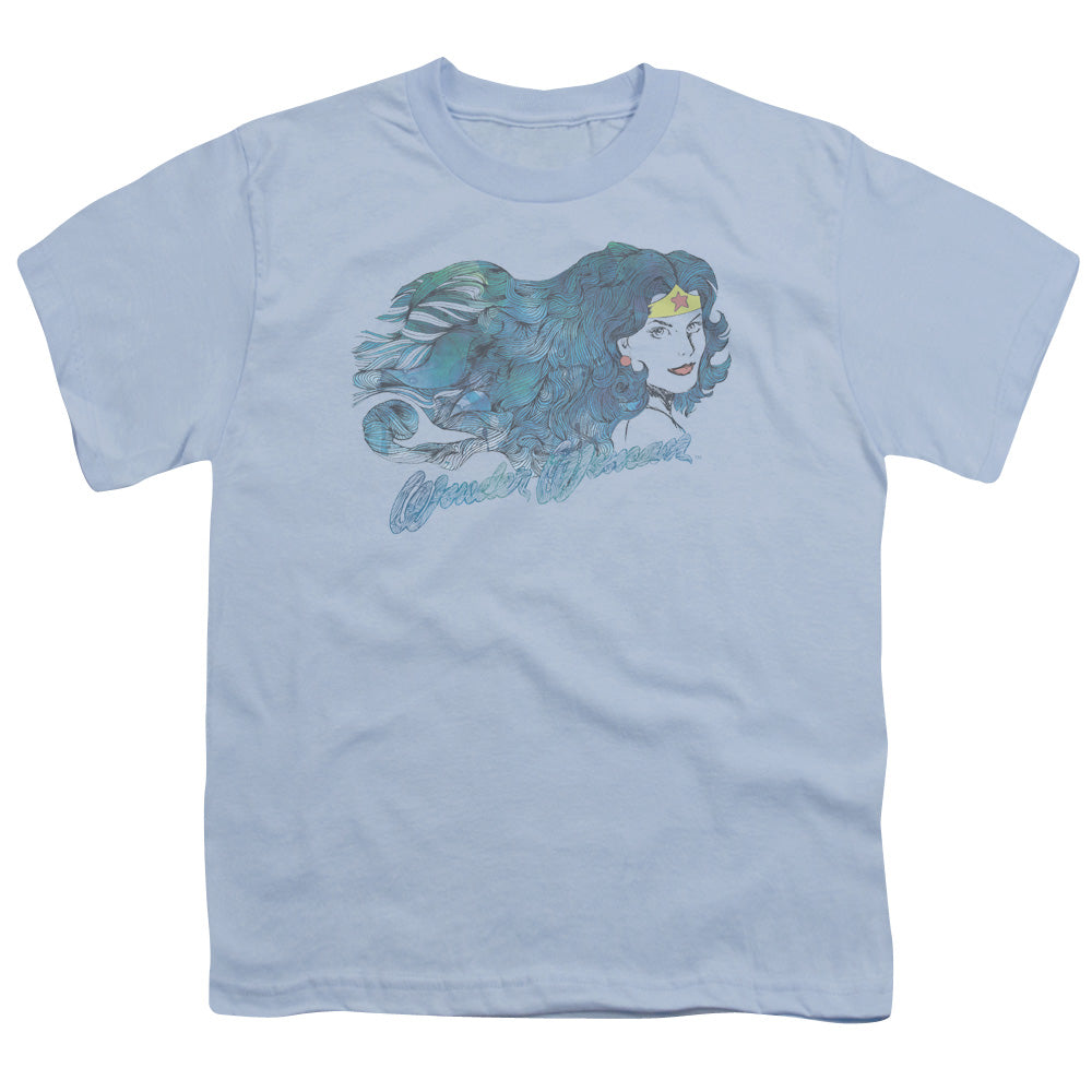 Justice League Watercolor Hair Kids Youth T Shirt Light Blue