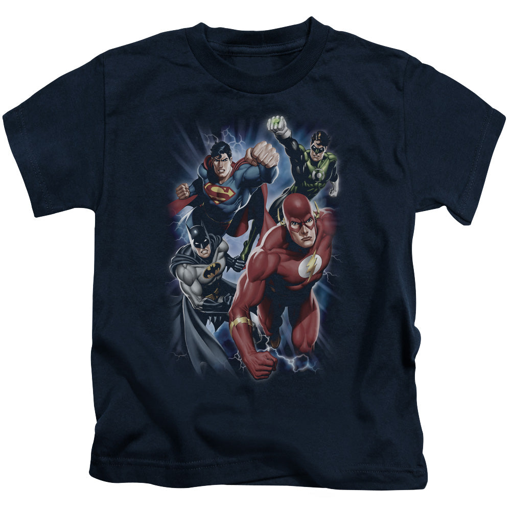 Justice League Storm Chasers Juvenile Kids Youth T Shirt Navy Blue