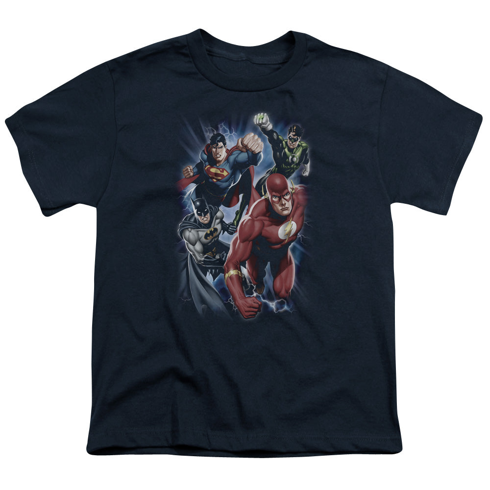 Justice League Storm Chasers Kids Youth T Shirt Navy Blue