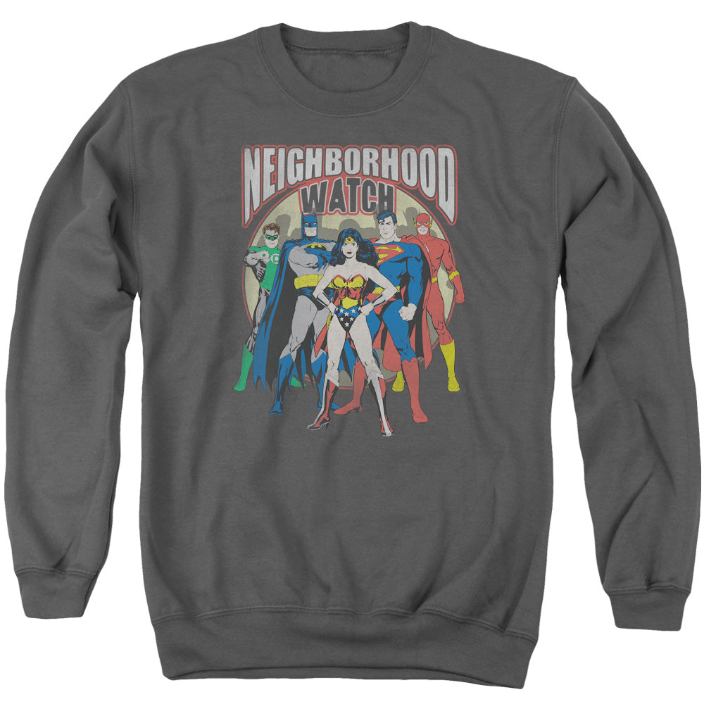 Justice League Neighborhood Watch Mens Crewneck Sweatshirt Charcoal