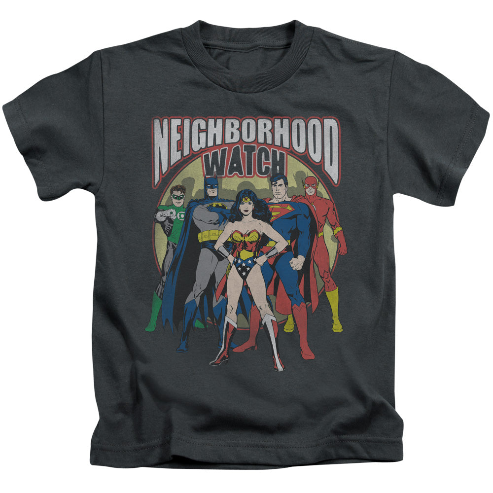 Justice League Neighborhood Watch Juvenile Kids Youth T Shirt Charcoal