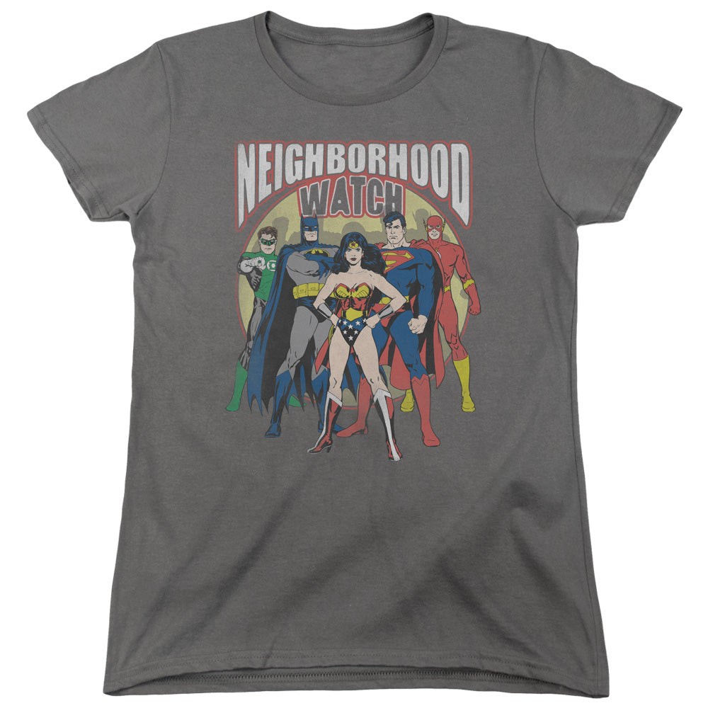 Justice League Neighborhood Watch Womens T Shirt Charcoal