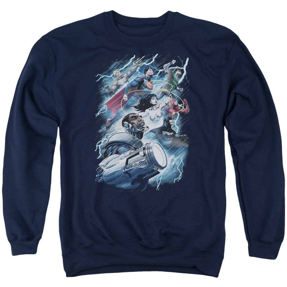 Justice League Ride the Lightening Mens Crewneck Sweatshirt Navy Blue
