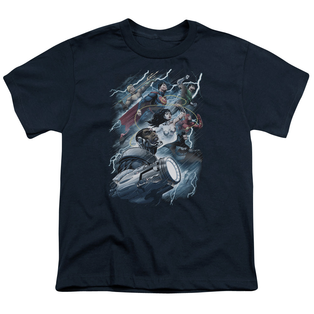 Justice League Ride the Lightening Kids Youth T Shirt Navy Blue
