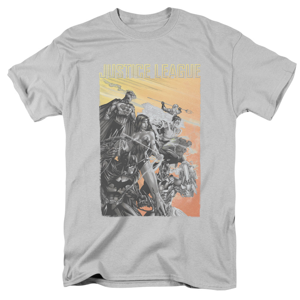Justice League Red Dawn Mens T Shirt Silver