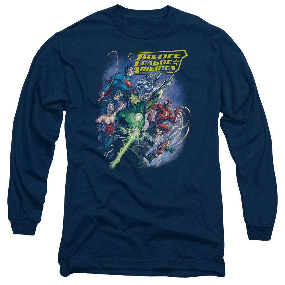 Justice League Onward Mens Long Sleeve Shirt Navy Blue