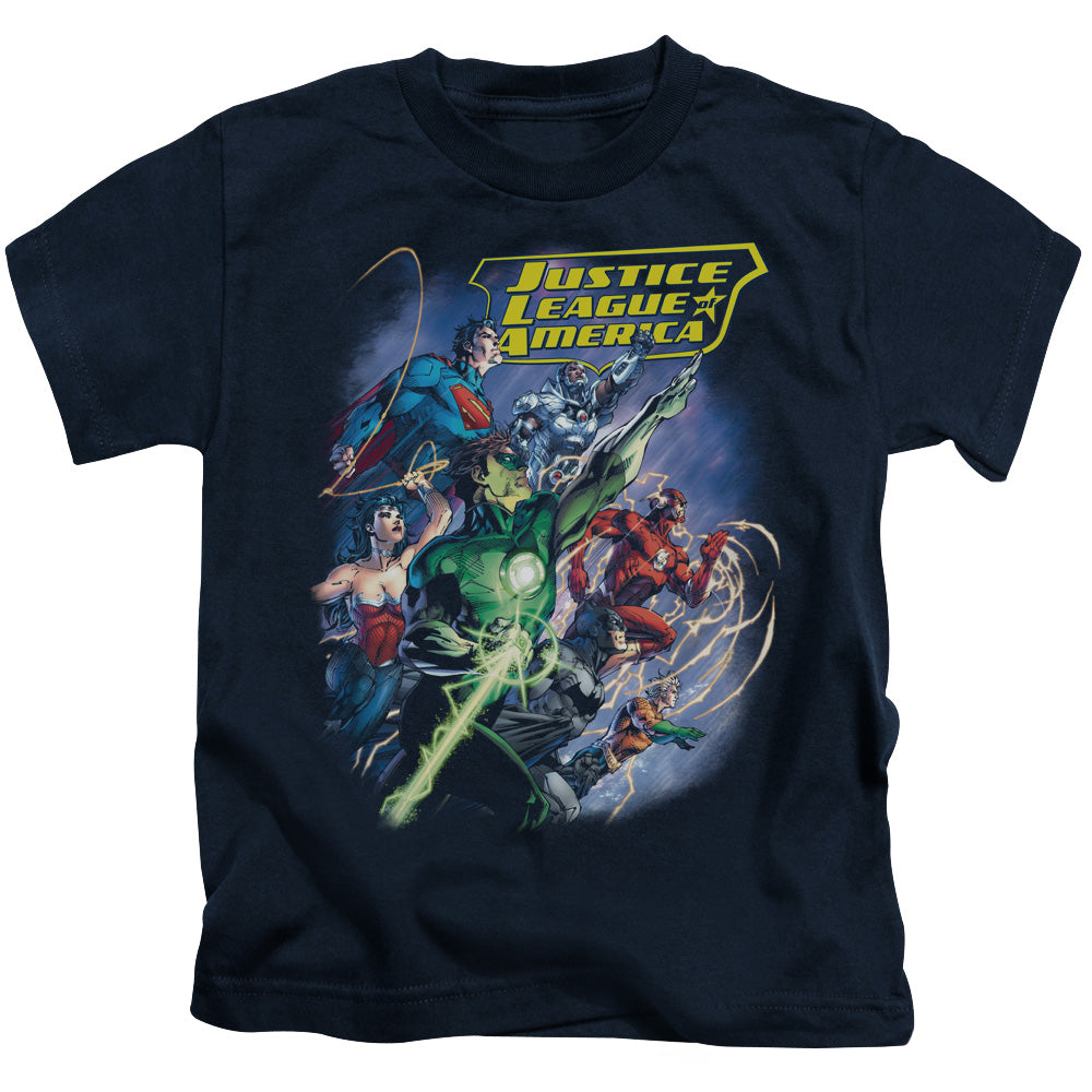 Justice League Onward Juvenile Kids Youth T Shirt Navy Blue