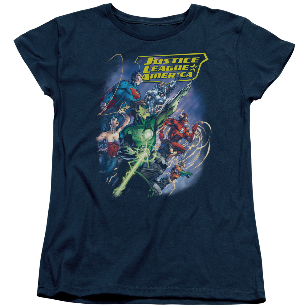 Justice League Onward Womens T Shirt Navy Blue
