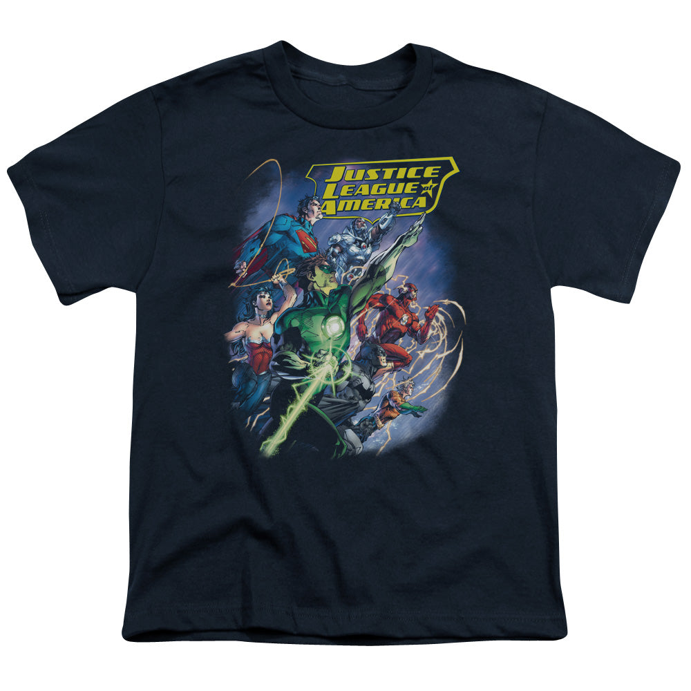 Justice League Onward Kids Youth T Shirt Navy Blue