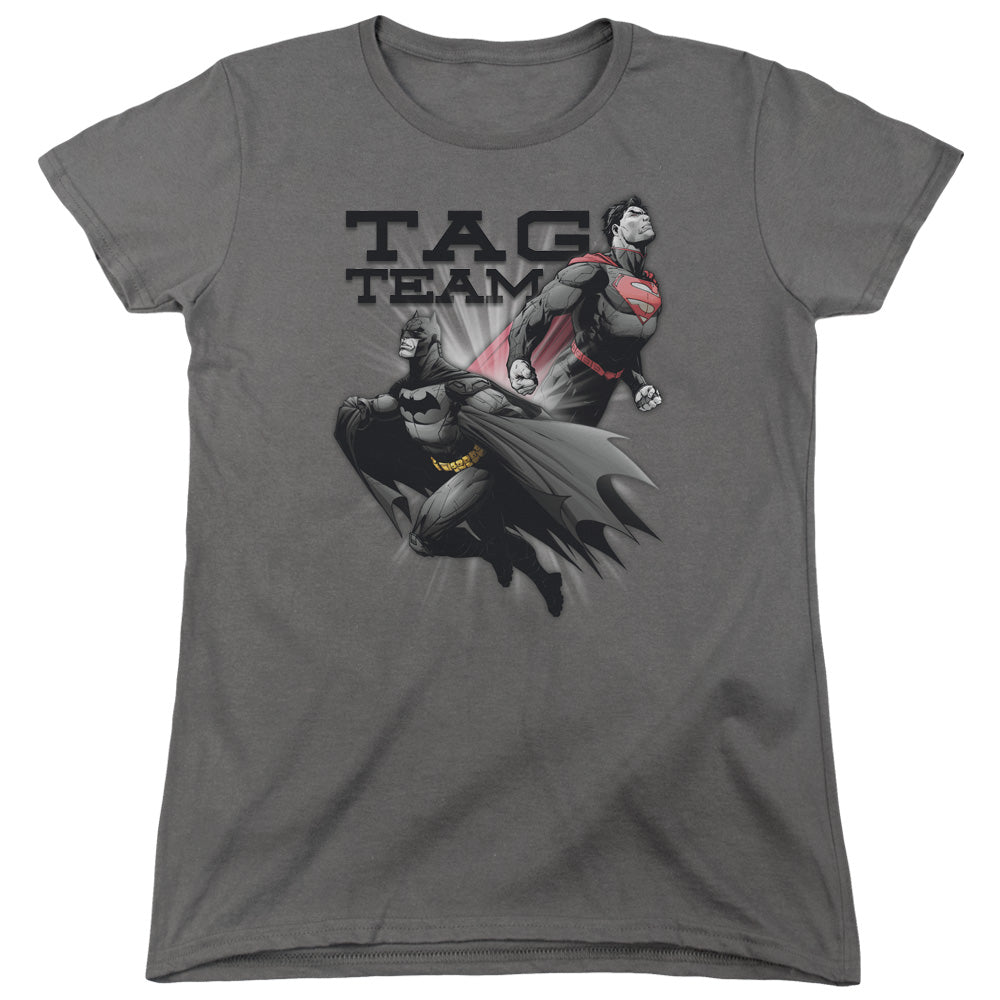 Justice League Tag Team Womens T Shirt Charcoal