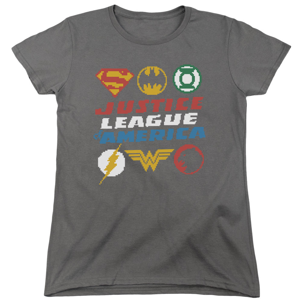 Justice League Pixel Logos Womens T Shirt Charcoal