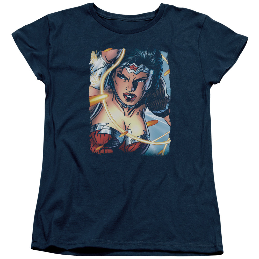 Justice League Scowl Womens T Shirt Navy Blue