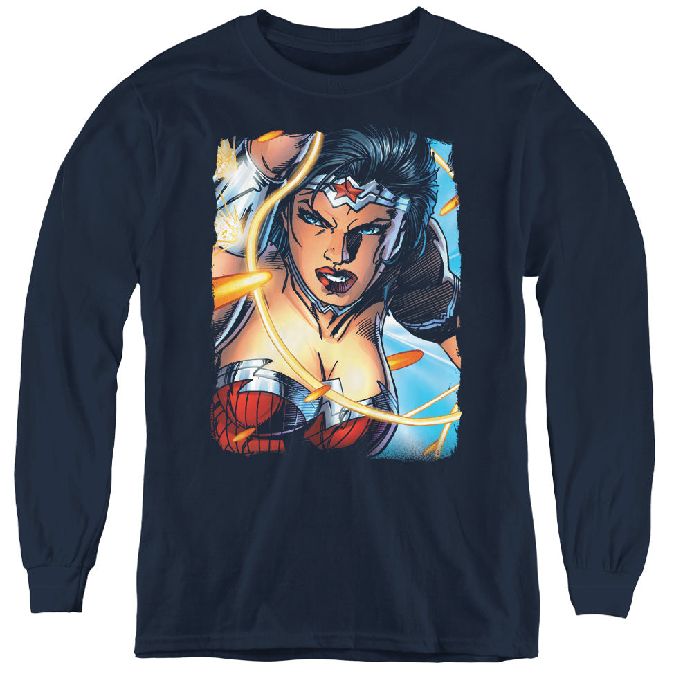 Justice League Scowl Long Sleeve Kids Youth T Shirt Navy Blue
