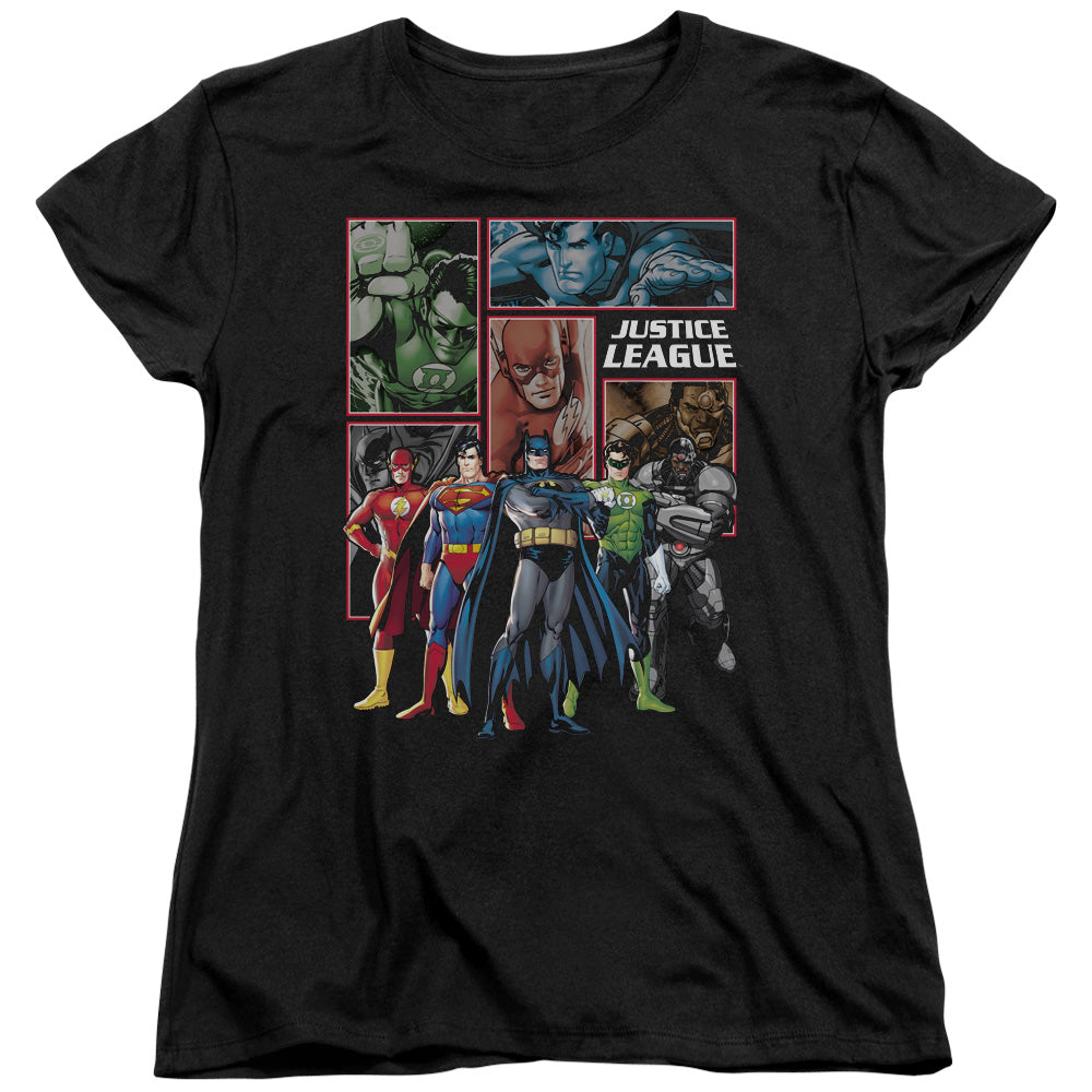 Justice League New Justice League Panels Womens T Shirt Black