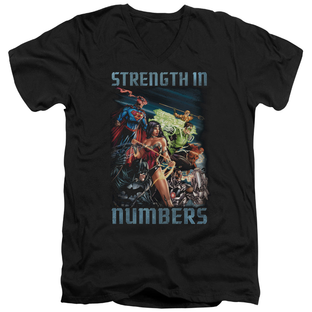 Justice League Strength in Number Mens Slim Fit V-Neck T Shirt Black