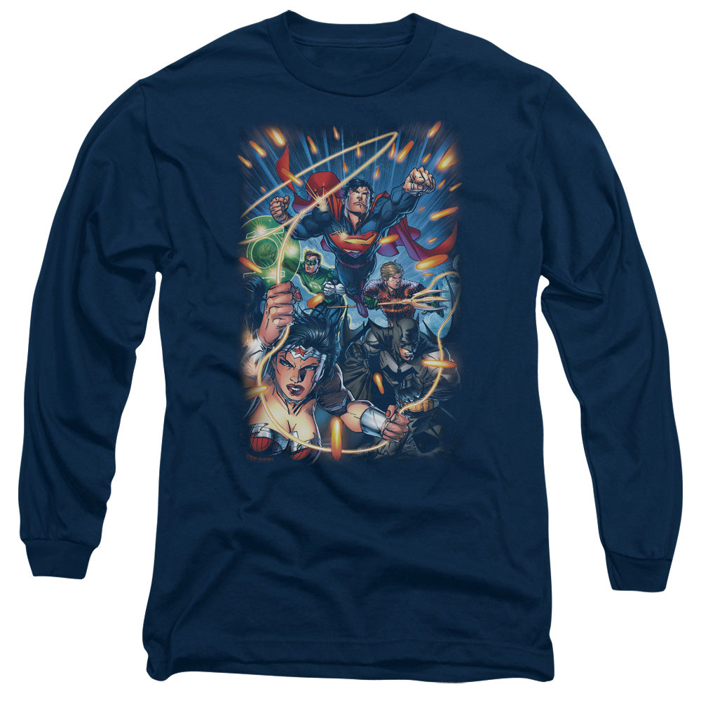 Justice League Under Attack Mens Long Sleeve Shirt Navy Blue