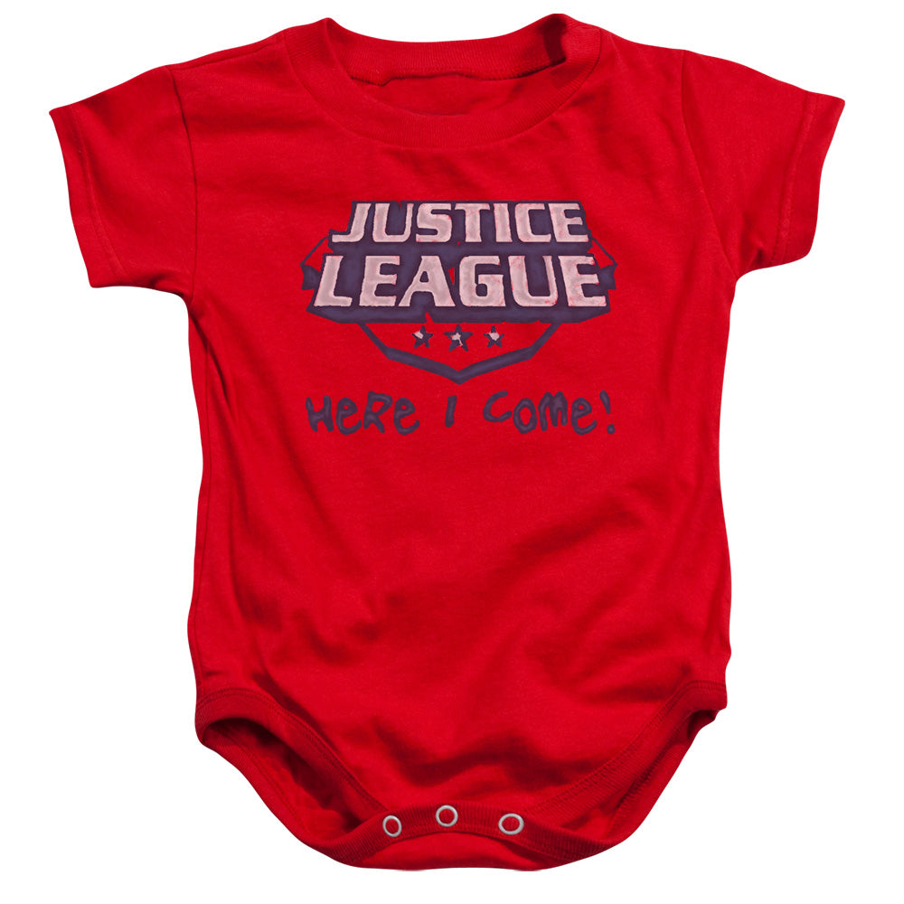 Justice League Here I Come Infant Baby Snapsuit Red