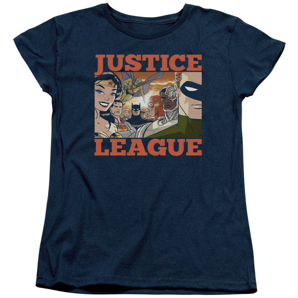 Justice League New Dawn Group Womens T Shirt Navy Blue