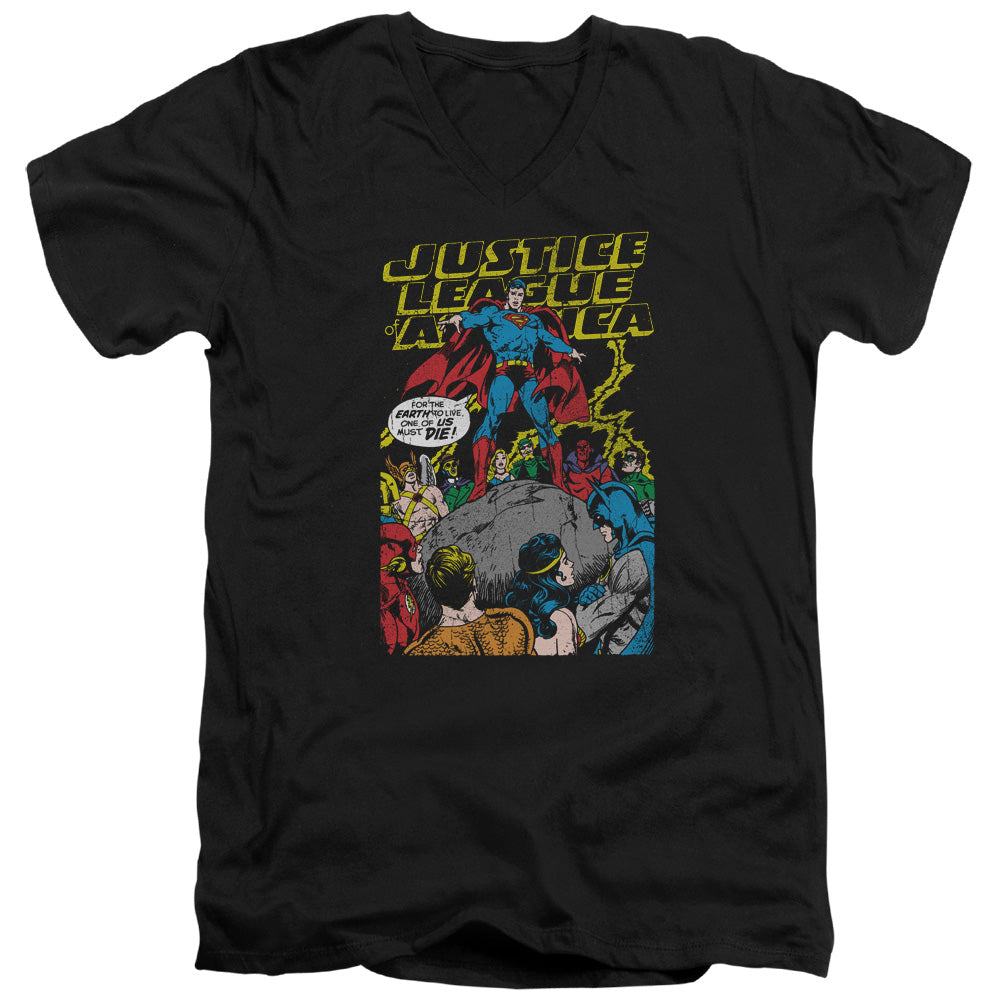 Justice League Ultimate Scarifice Mens Slim Fit V-Neck T Shirt Black