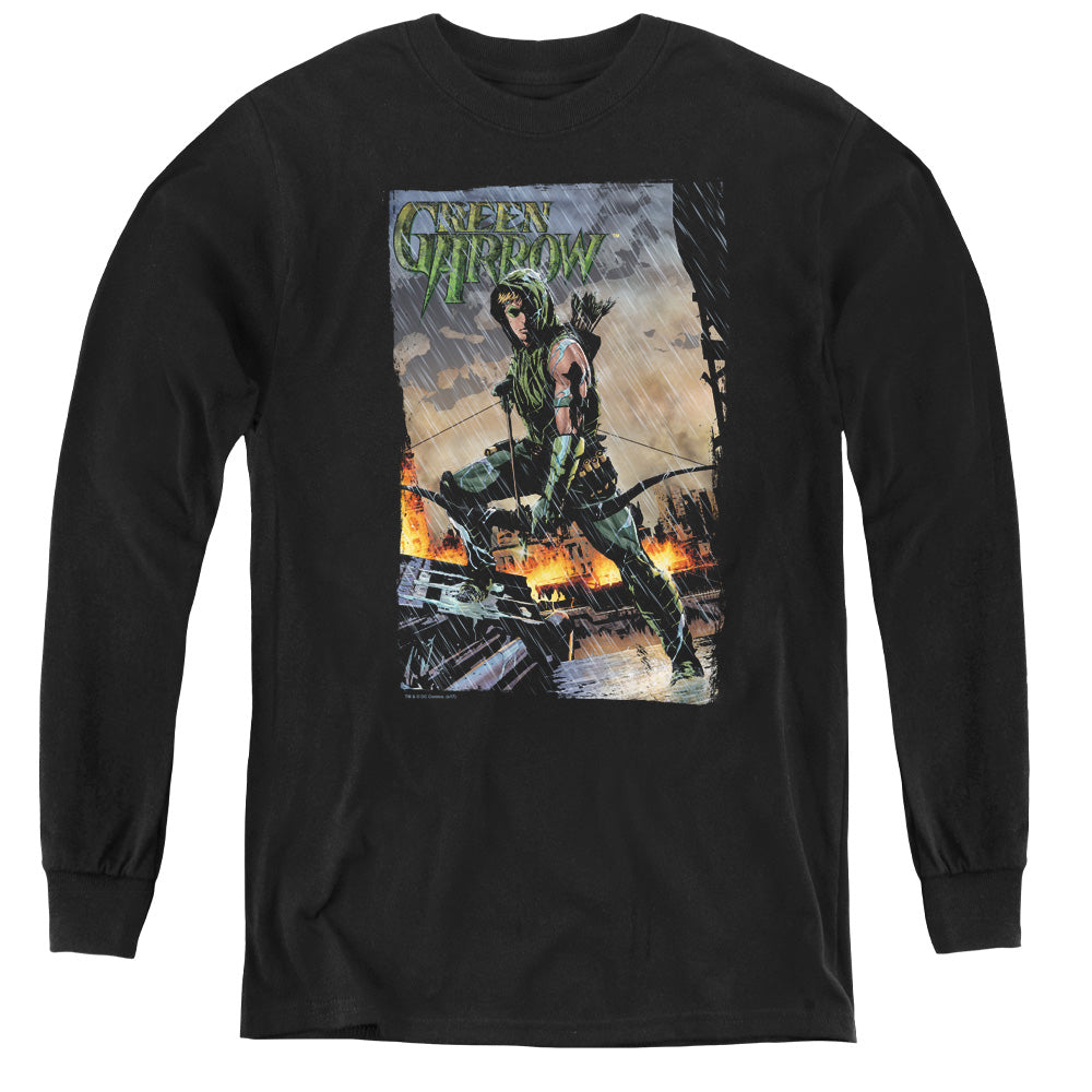 Justice League Fire and Rain Long Sleeve Kids Youth T Shirt Black
