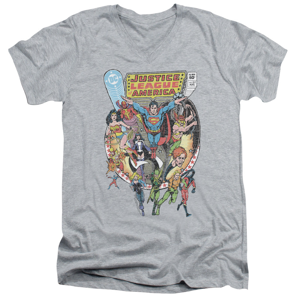 Justice League Team Up Mens Slim Fit V-Neck T Shirt Athletic Heather