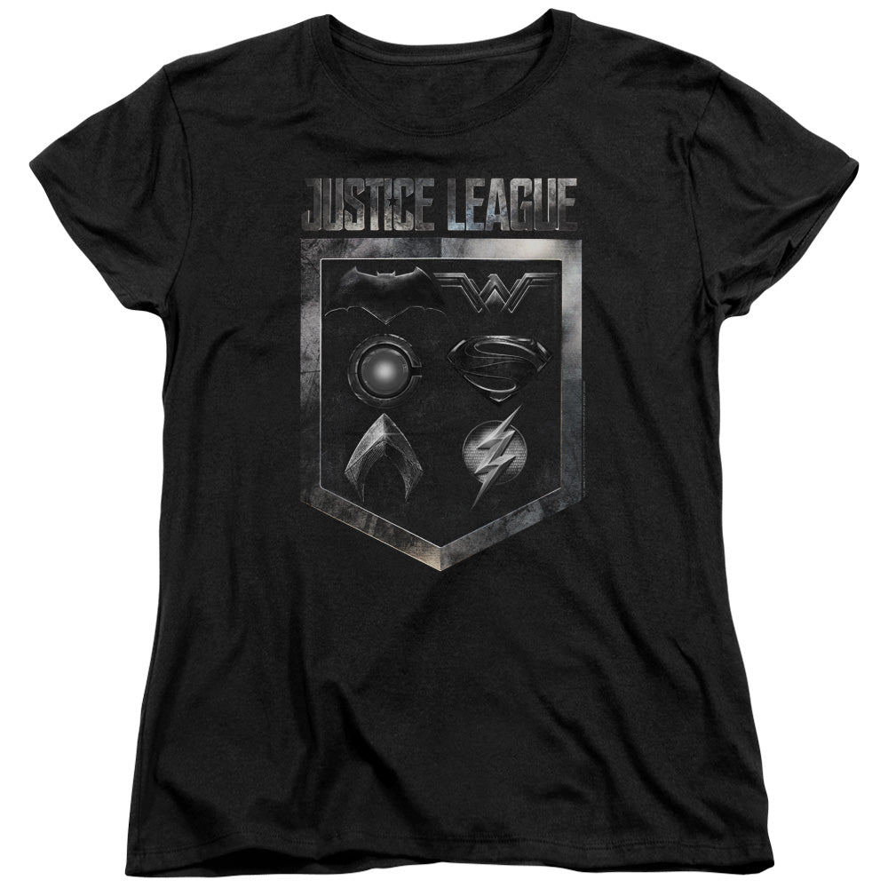 Justice League Movie Shield of Emblems Womens T Shirt Black