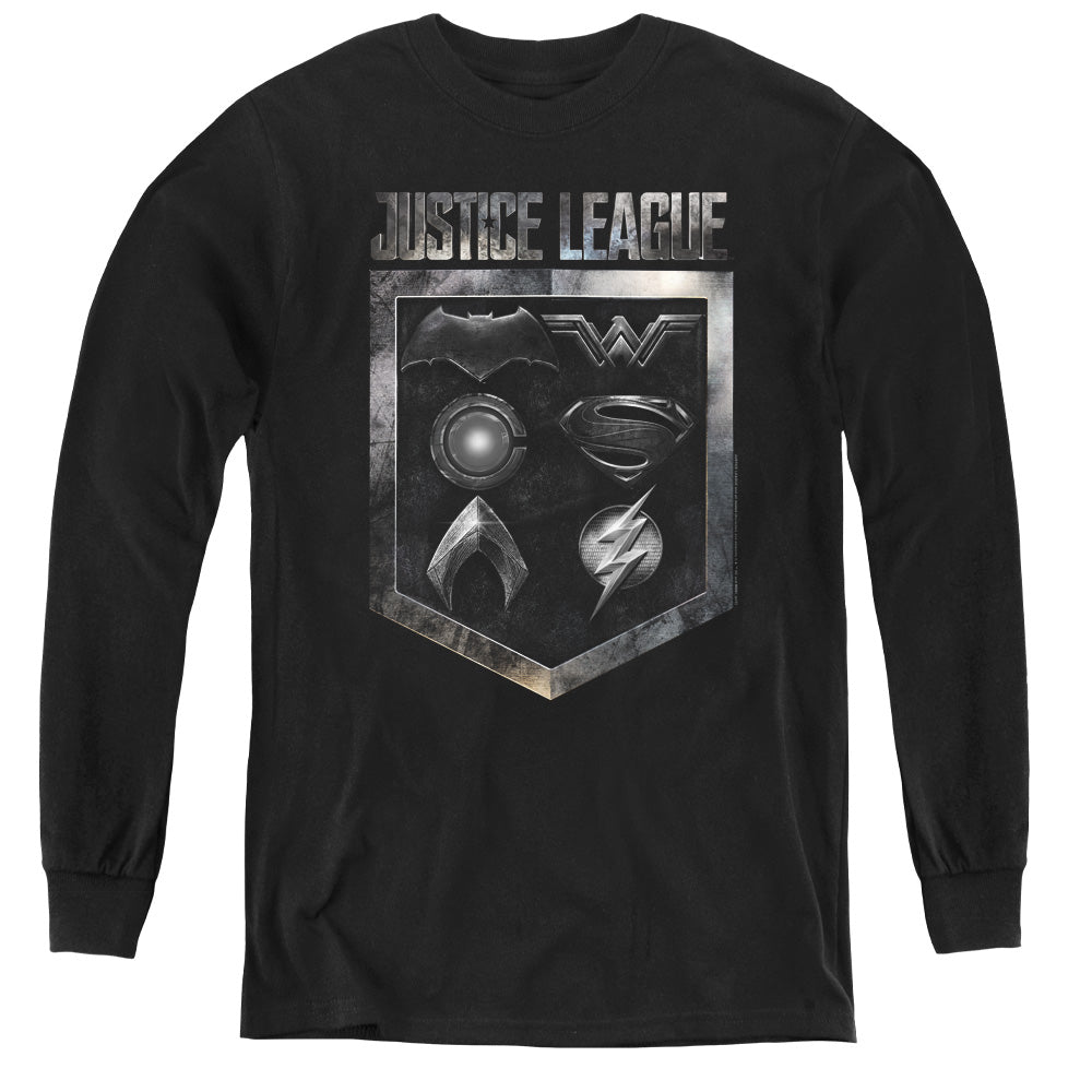Justice League Movie Shield of Emblems Long Sleeve Kids Youth T Shirt Black