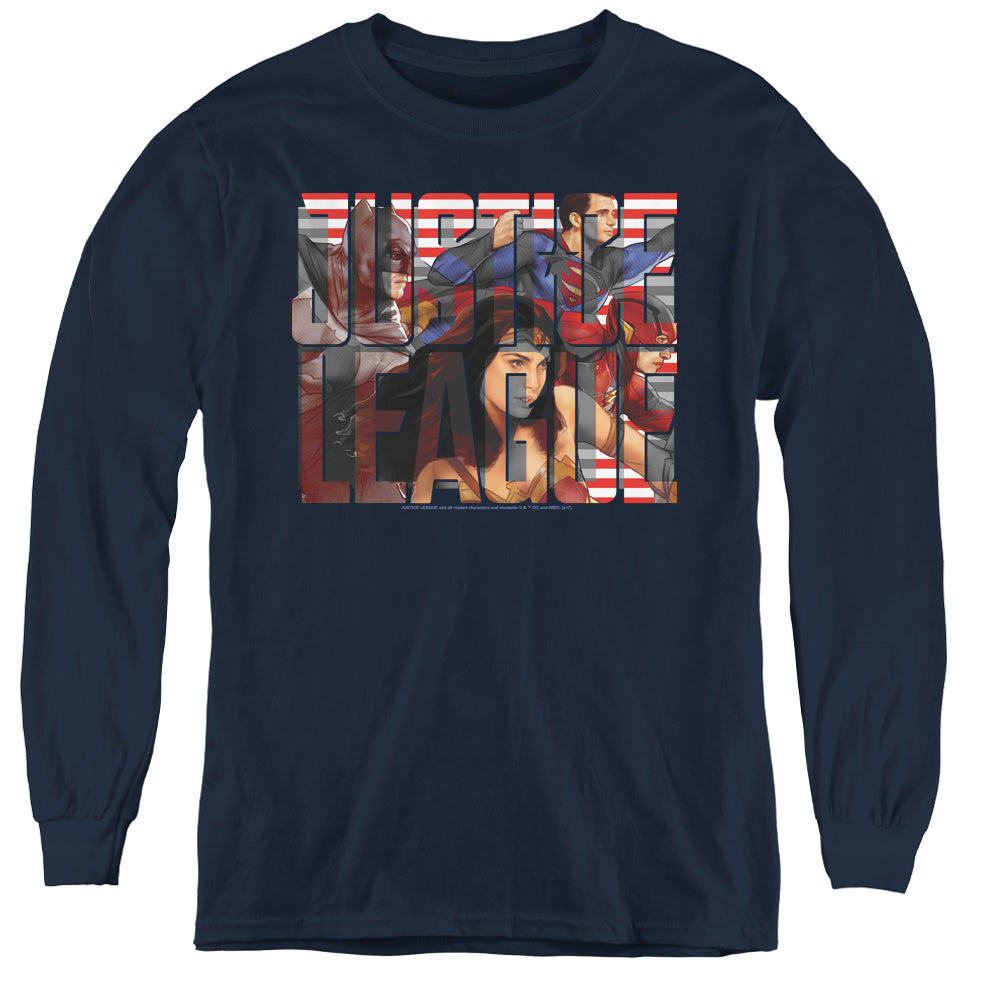 Justice League Movie Rally Long Sleeve Kids Youth T Shirt Navy Blue
