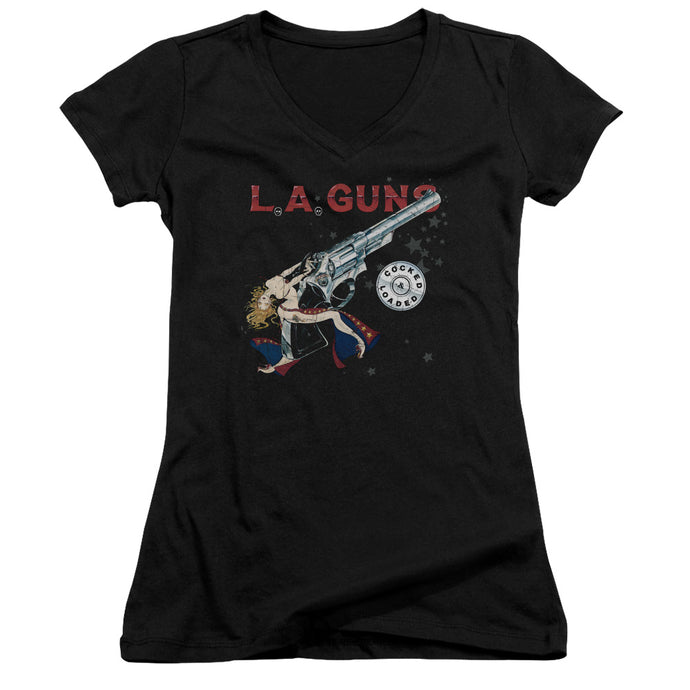 L.A. Guns Cocked And Loaded Junior Sheer Cap Sleeve V-Neck Womens T Shirt Black