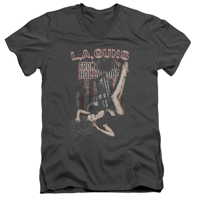 L.A. Guns From Hollywood Mens Slim Fit V-Neck T Shirt Charcoal