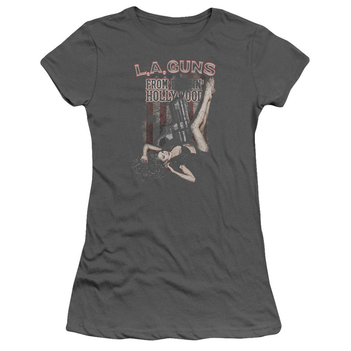 L.A. Guns From Hollywood Junior Sheer Cap Sleeve Womens T Shirt Charcoal