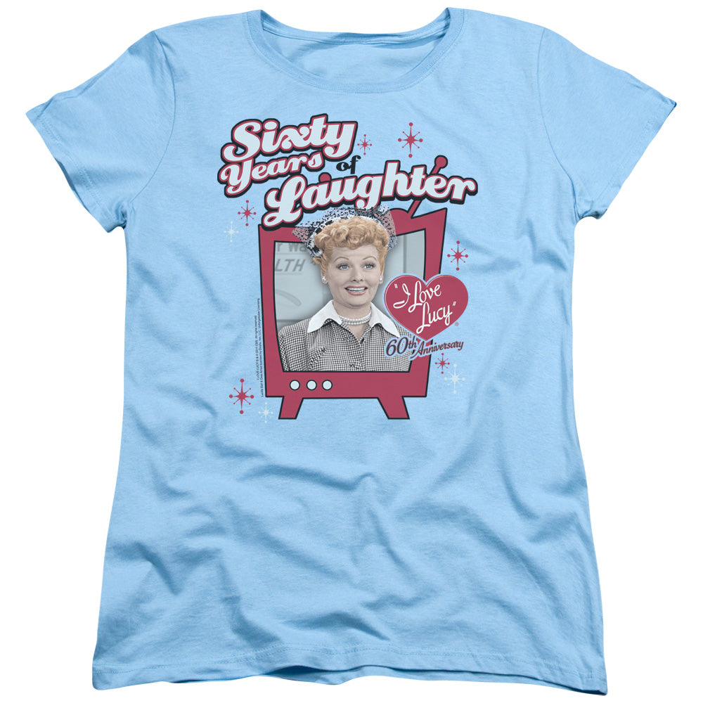 I Love Lucy 60 Years of Laughter Womens T Shirt Light Blue