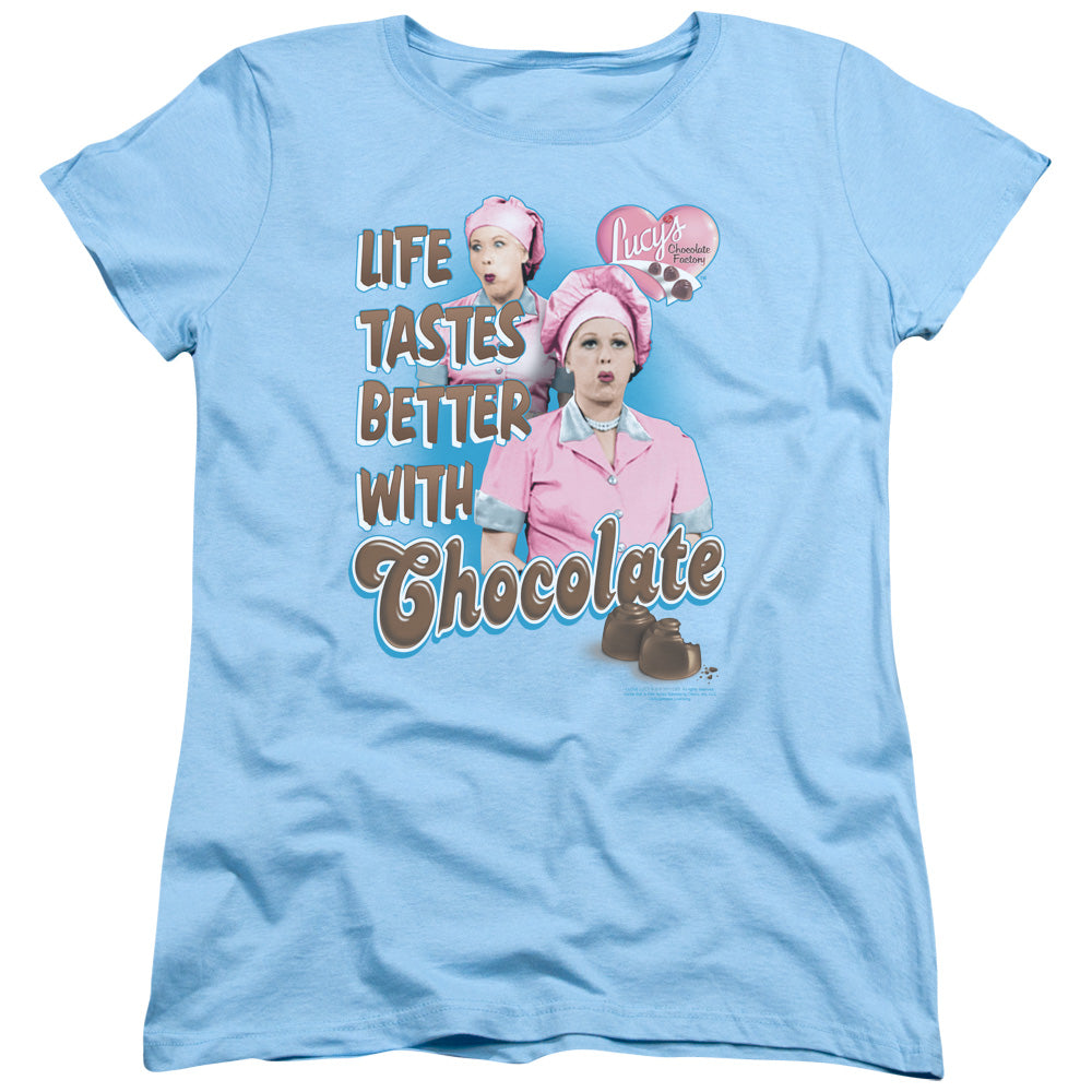 I Love Lucy Better With Chocolate Womens T Shirt Light Blue