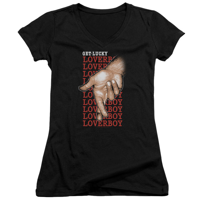 Loverboy Fingers Crossed Junior Sheer Cap Sleeve V-Neck Womens T Shirt Black