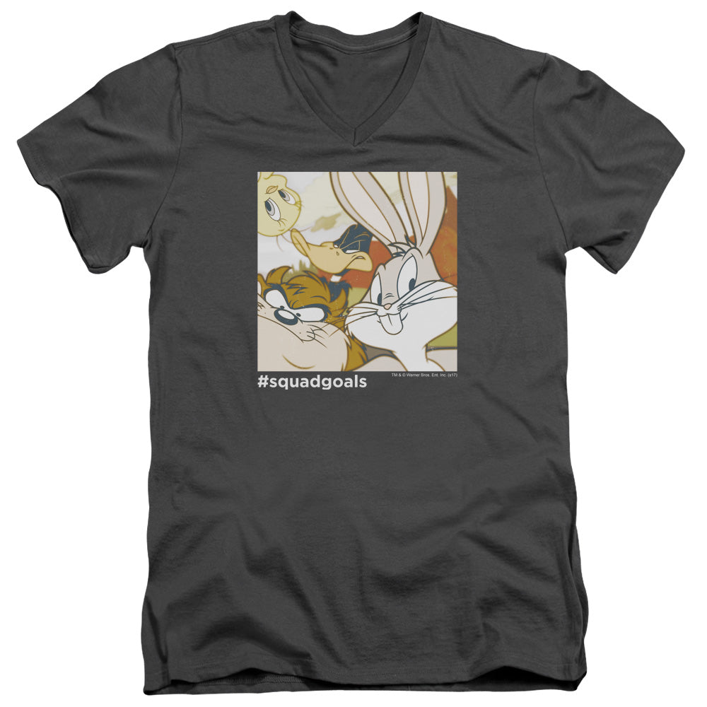 Looney Tunes Squad Goals Mens Slim Fit V-Neck T Shirt Charcoal