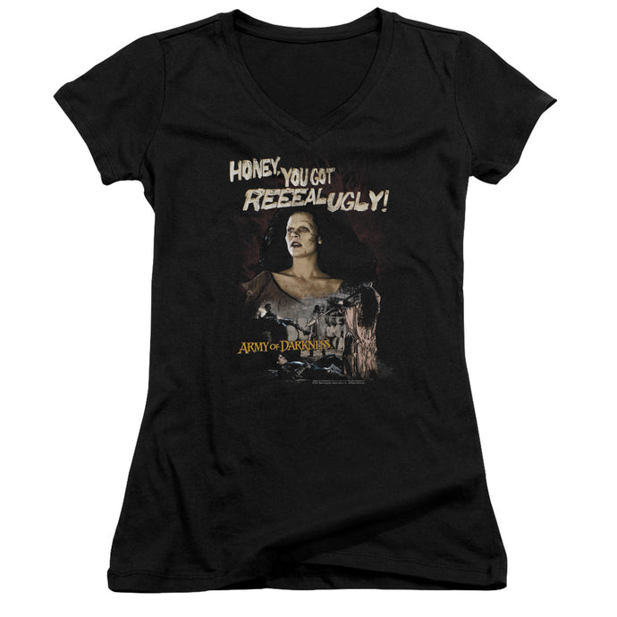 Army Of Darkness Reeeal Ugly! Junior Sheer Cap Sleeve V-Neck Womens T Shirt Black