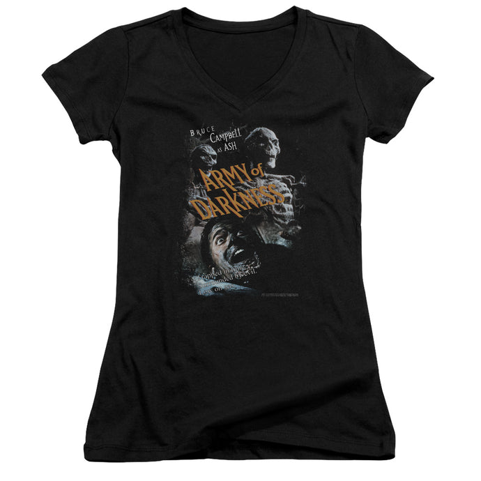 Army Of Darkness Covered Junior Sheer Cap Sleeve V-Neck Womens T Shirt Black