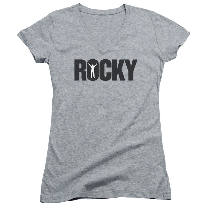 Rocky Logo Junior Sheer Cap Sleeve V-Neck Womens T Shirt Athletic Heather