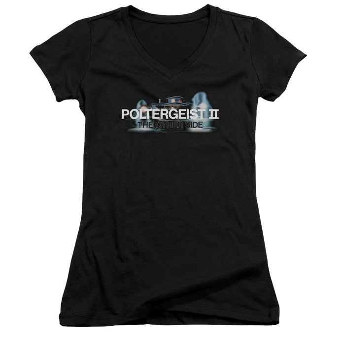 Poltergeist II The Other Side Logo Junior Sheer Cap Sleeve V-Neck Womens T Shirt Black